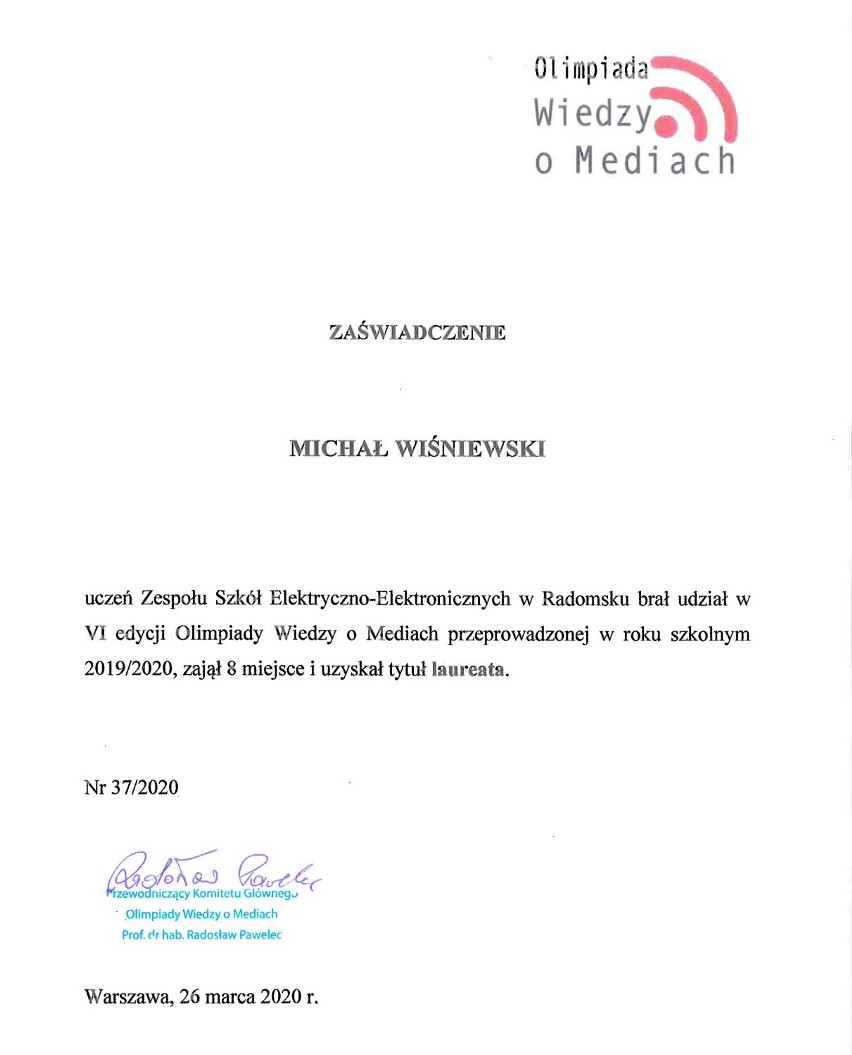 Michał Wiśniewski, uczeń ZSE-E w Radomsku, laureatem Olimpiady Wiedzy o Mediach