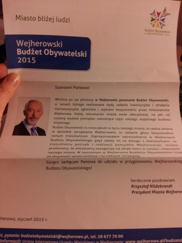 Budżet obywatelski w Wejherowie - taką pisemną informację otrzymali mieszkańcy do skrzynek pocztowych