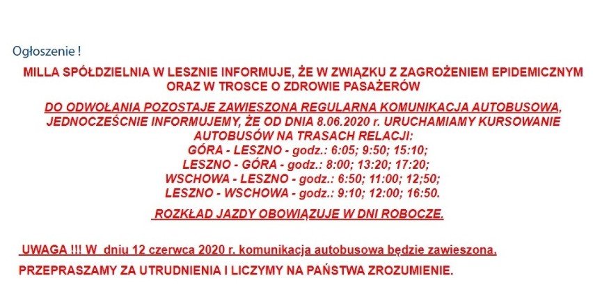 Góra. Od poniedziałku 8 czerwca wznowione zostały kursy autobusów PKS na linii Leszno-Góra
