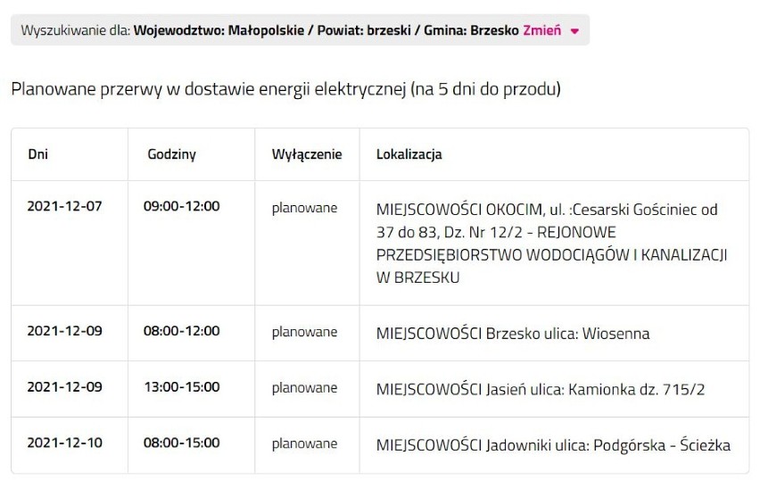 Wyłączenia prądu w powiecie bocheńskim i brzeskim, 6.12.2021