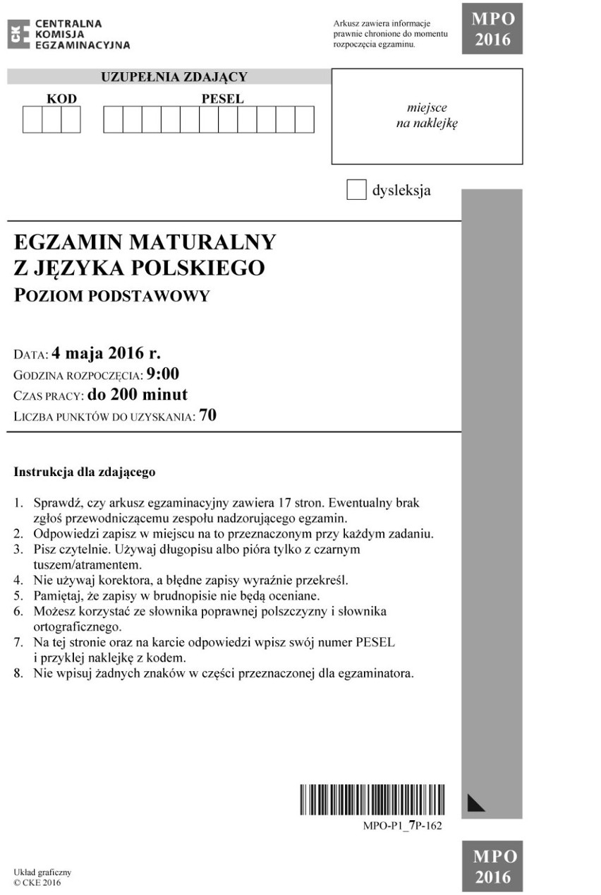 Matura 2016 polski - arkusz