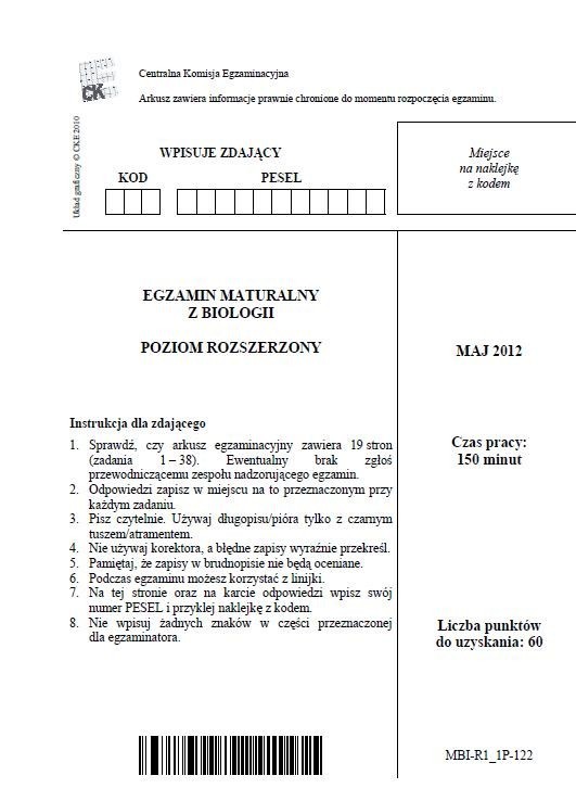 Matura 2012: biologia - poziom rozszerzony [ARKUSZE]