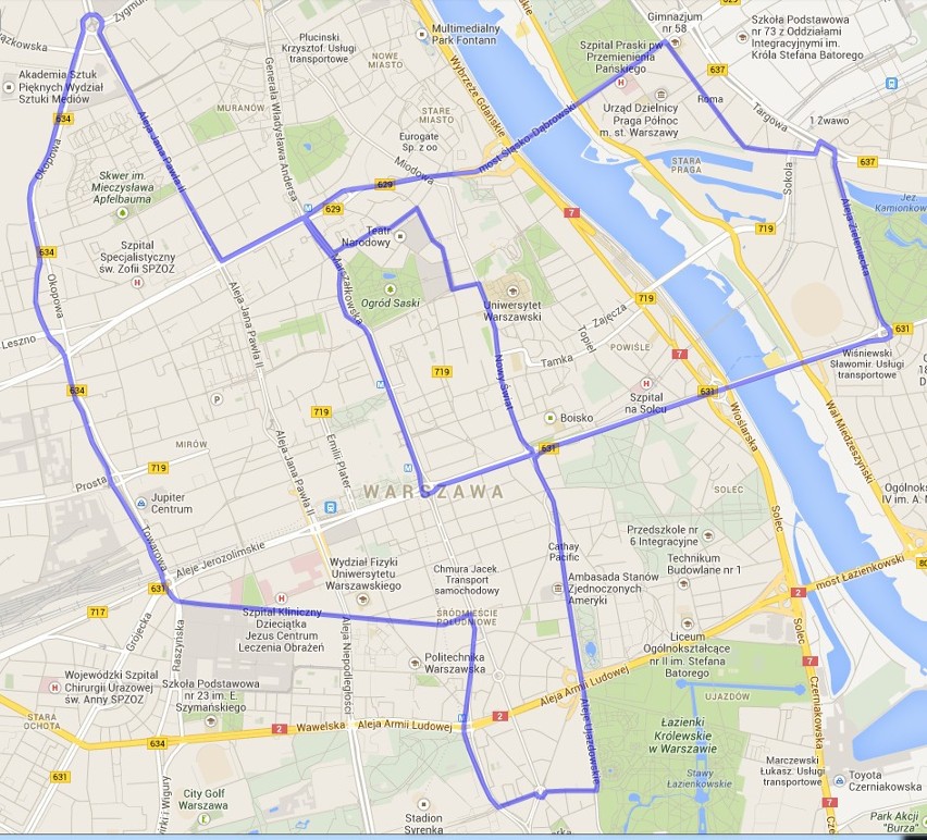 Mapa pokazuje trase jaką przejedzie IX Nightskating Warszawa