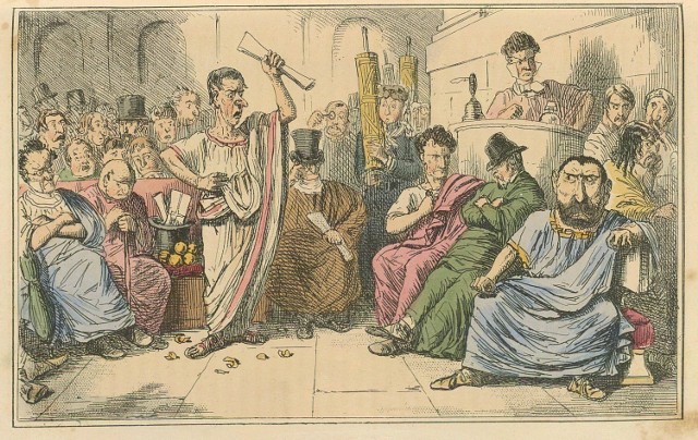 &quot;Cicero denouncing Cataline&quot; Image by John Leech, from: &quot;The Comic History of Rome&quot; by Gilbert Abbott A Beckett. http://upload.wikimedia.org/wikipedia/commons/a/a7/Comic_History_of_Rome_Table_10_Cicero_denouncing_Cataline.jpg