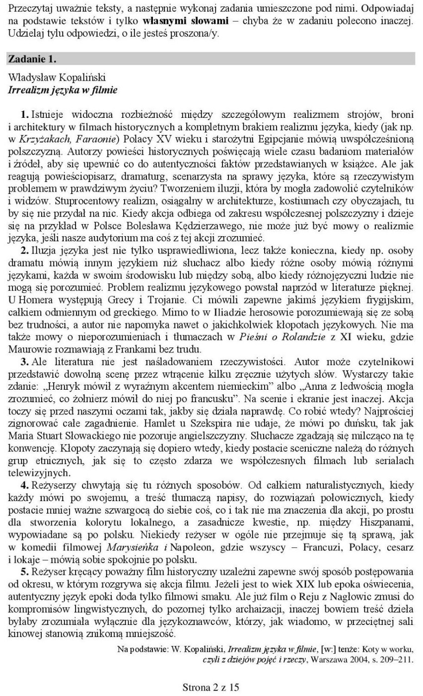 JĘZYK POLSKI MATURA PRÓBNA CKE 2015 ARKUSZ ODPOWIEDZI...