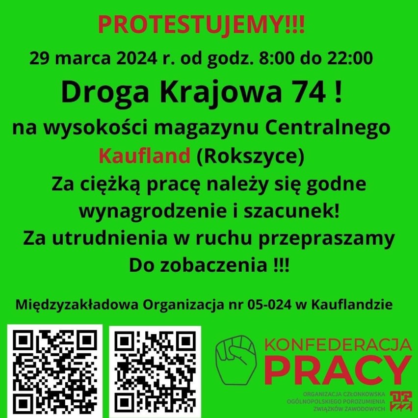 Pracownicy Kauflandu będą protestować w Rokszycach. Utrudnienia na DK 74 pod Piotrkowem