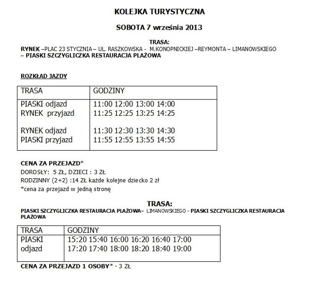 Kolejka turystyczna w Ostrowie. Rozkład jazdy na 7 września [KLIKNIJ NA ZDJĘCIE ABY POWIĘKSZYĆ]