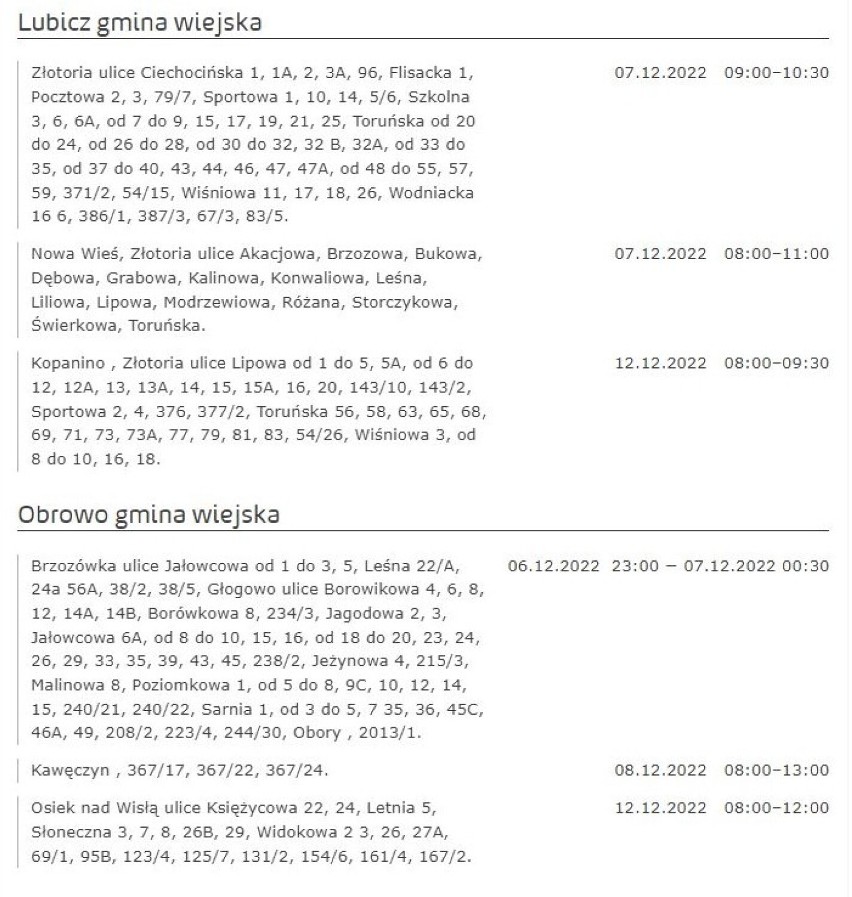 Tu nie będzie prądu w Kujawsko-Pomorskiem [miasta, gminy - 7.12.2022]