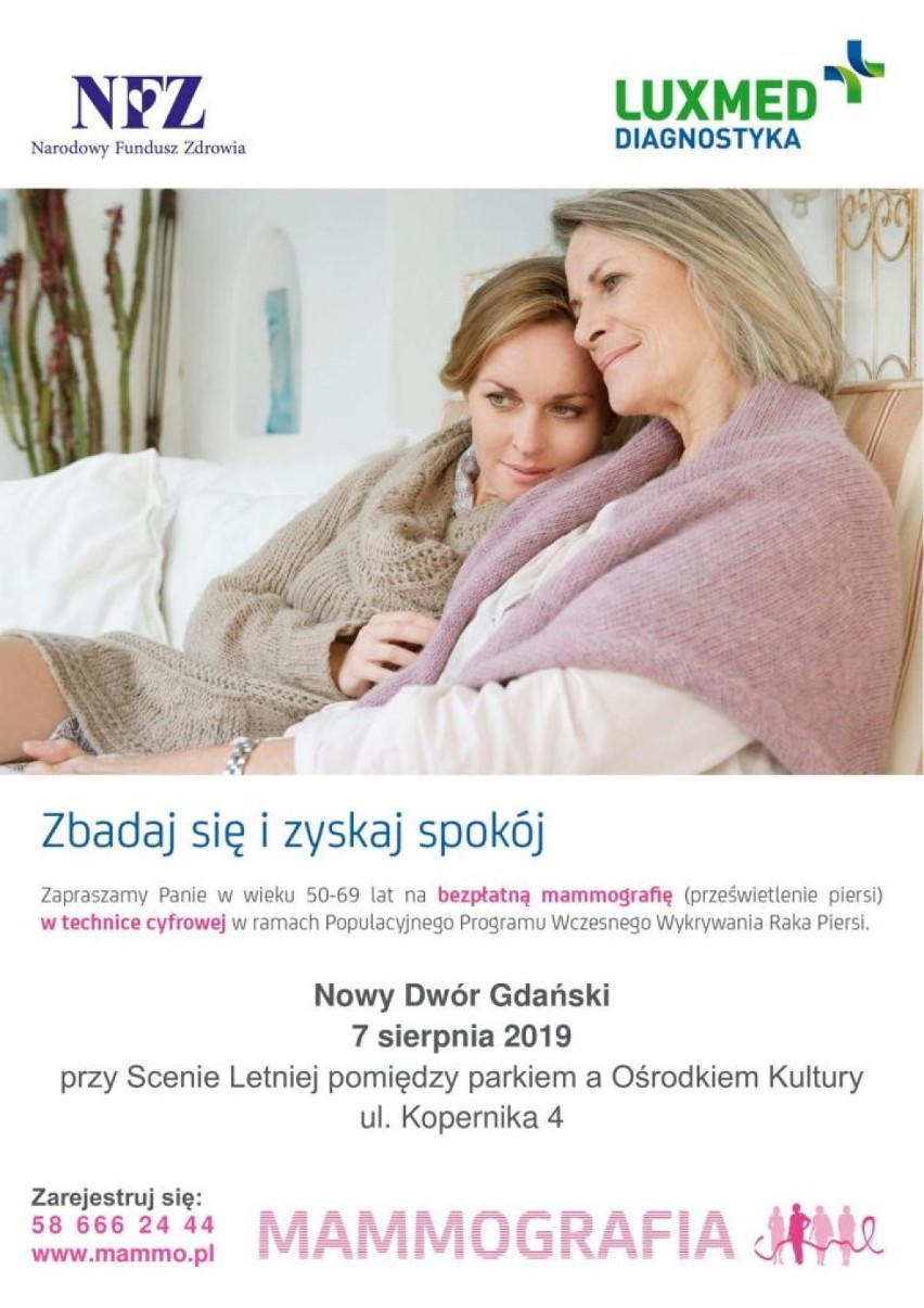 Bezpłatne badania mammograficzne w Nowym Dworze Gdańskim i Sztutowie.