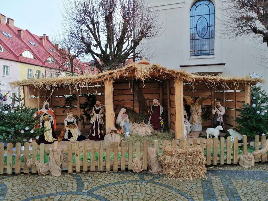 Na Rynku w Polkowicach ustawiono sporych rozmiarów bożonarodzeniową szopkę. Zdjęcia