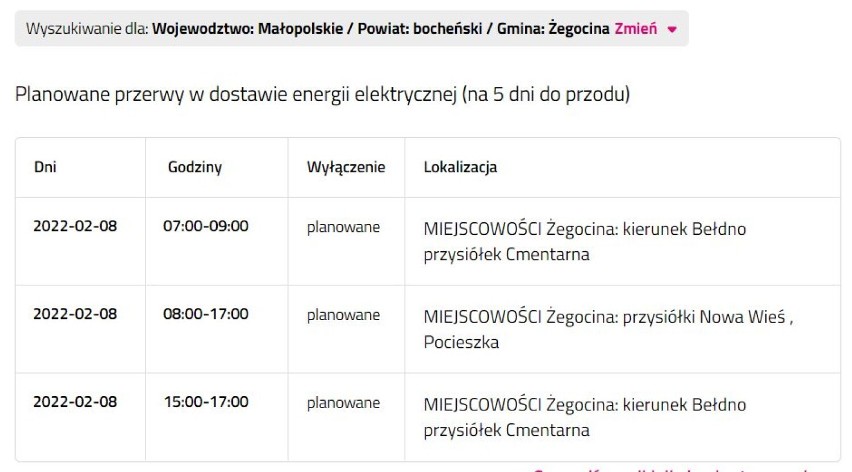 Wyłączenia prądu w powiecie bocheńskim i brzeskim, 7.02.2022