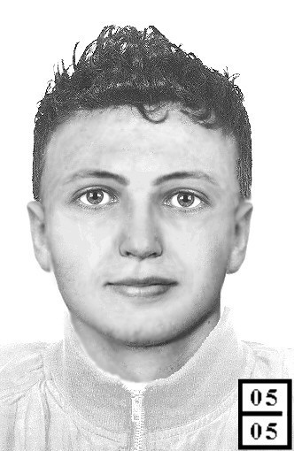 Portret pamięciowy bandyty, który z bronią okradł kolekturę w Łodzi.