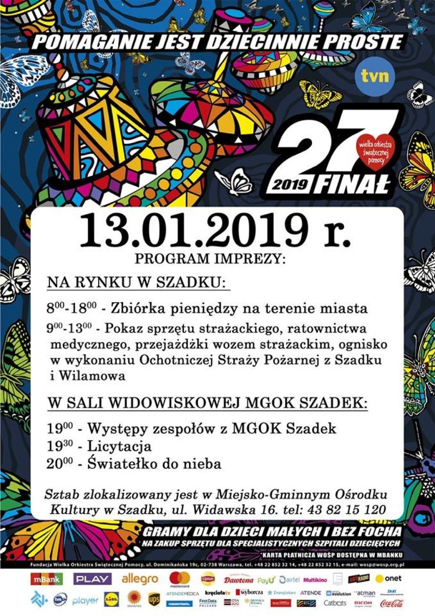 Wielka Orkiestra Świątecznej Pomocy 2019. 27. Finał w Zduńskiej Woli, Szadku i Zapolicach                      