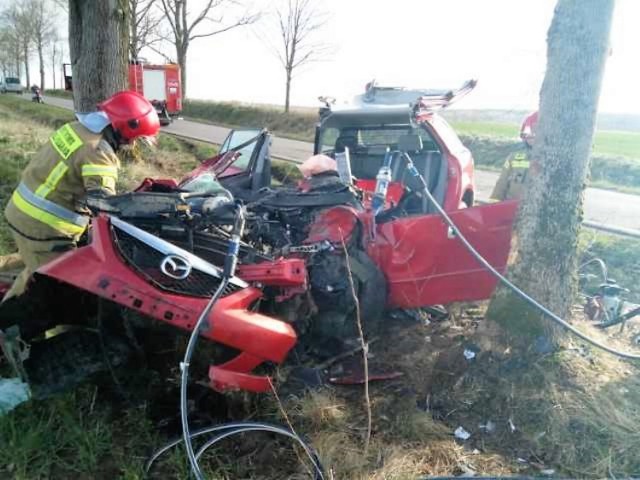 Kierowcę wydobyli z pojazdu strażacy używając sprzętu do cięcia metalu