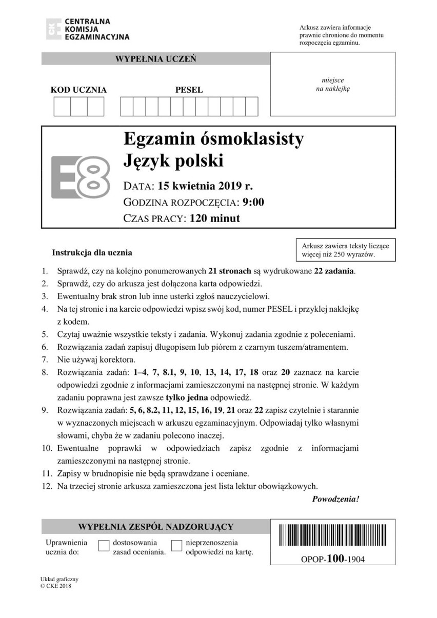 Egzamin ósmoklasisty 2019 POLSKI ODPOWIEDZI Egzamin ósmoklasisty z polskiego ARKUSZ cke 18 04 2019