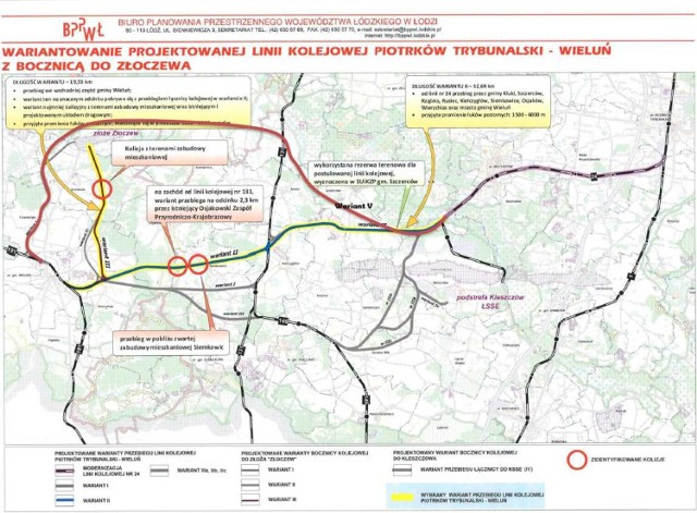 Koncepcje przebiegu linii kolejowej wraz z wariantem władz Złoczewa (czerwona linia)