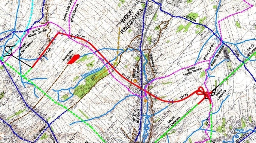 Dotychczasowy wariant przebiegu obwodnicy granicą Tarnowa i...
