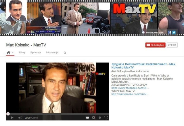 Strona główna kanału MaxTV, prowadzonego przez byłego amerykańskiego korespondenta TVP Mariusza Maxa Kolonki