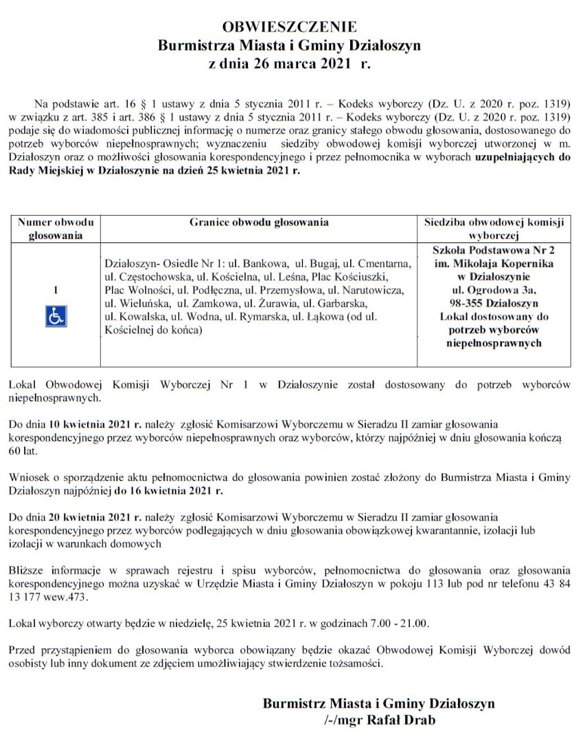 Obwieszczenie burmistrza Działoszyna z 26 marca (kliknij na dokumencie, aby powiększyć)