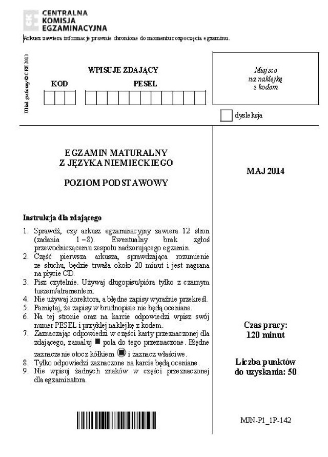 Matura 2014. Język niemiecki poziom podstawowy