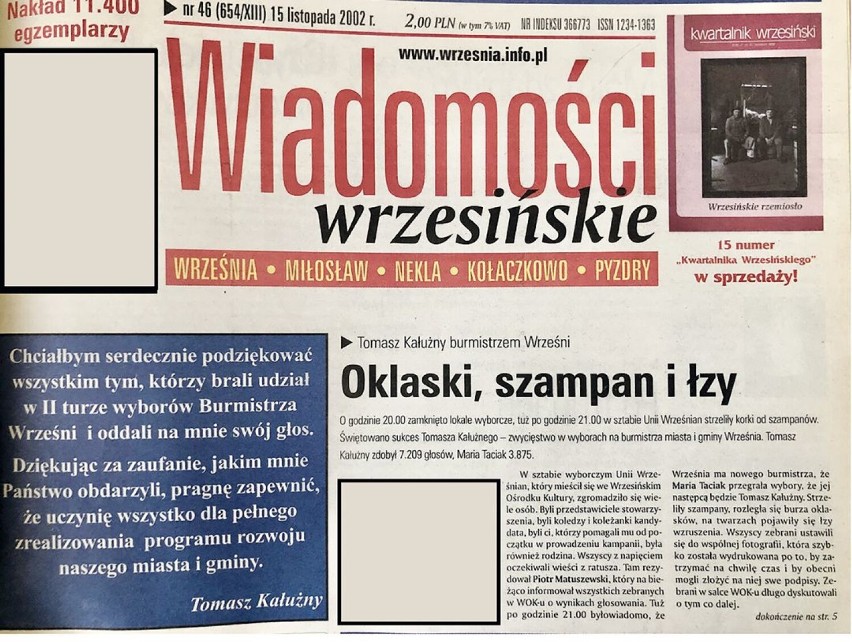 2002: Kałużny burmistrzem Wrześni! 20 lat minęło pod hasłami: „Ratujmy Wrześnię!” oraz „Inwestycje i nowe miejsca pracy”