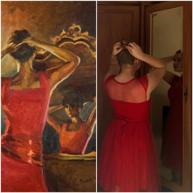 Julia Szczurek z klasy 1 Liceum Kosmetycznego ZDZ w Andrychowie odtworzyła obraz Renaty Rychlik "Kobieta w czerwieni"