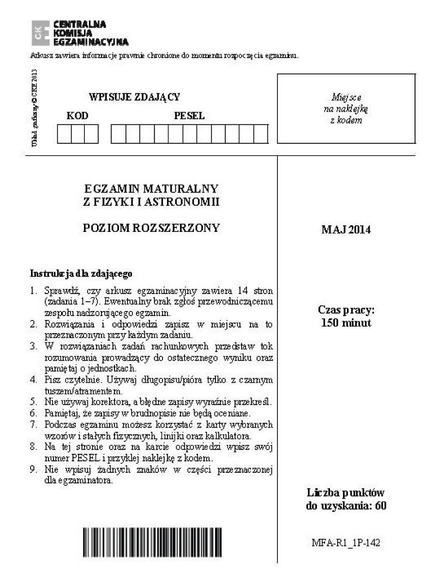 Matura 2014. Fizyka i astronomia poziom rozszerzony