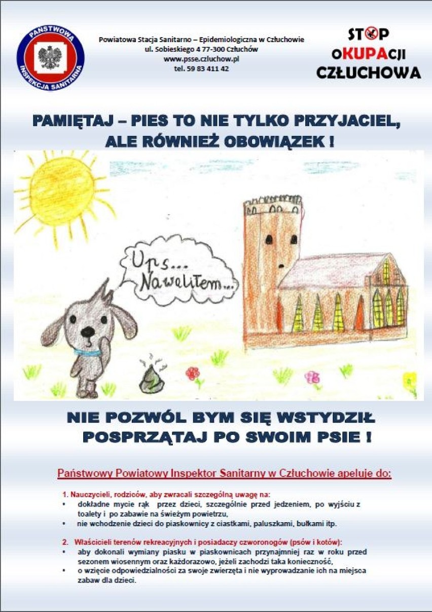 Sanepid Człuchów przypomina - posprzątaj po psie! Plakatowa akcja "Stop okupacji Człuchowa"