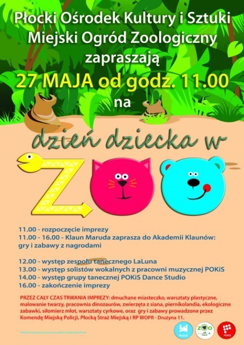 27 maja zaprasza do siebie Miejski Ogród Zoologiczny. Wraz z Płockim Ośrodkiem Kultury i Sztuki zorganizował całą masę atrakcji dla najmłodszych. Impreza rozpocznie się o 11:00. Zaplanowano występ zespołu tanecznego LaLuna, i POKiS Dance Studio. Zaśpiewają także soliści z pracowni muzycznej POKiS. Przez cały czas, do godziny 16:00, odbywać się będą najróżniejsze konkursy i  warsztaty. Do dyspozycji dzieci będzie dmuchane miasteczko, piernikolandia oraz gry i zabawy, prowadzone przez policjantów, strażników miejskich oraz ratowników WOPR.