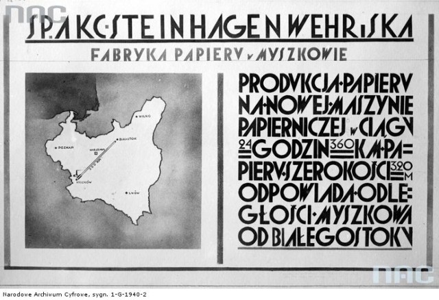 Reklama Fabryki Papieru S.A. Steinhagen, Wehr i Spółka w Myszkowie.