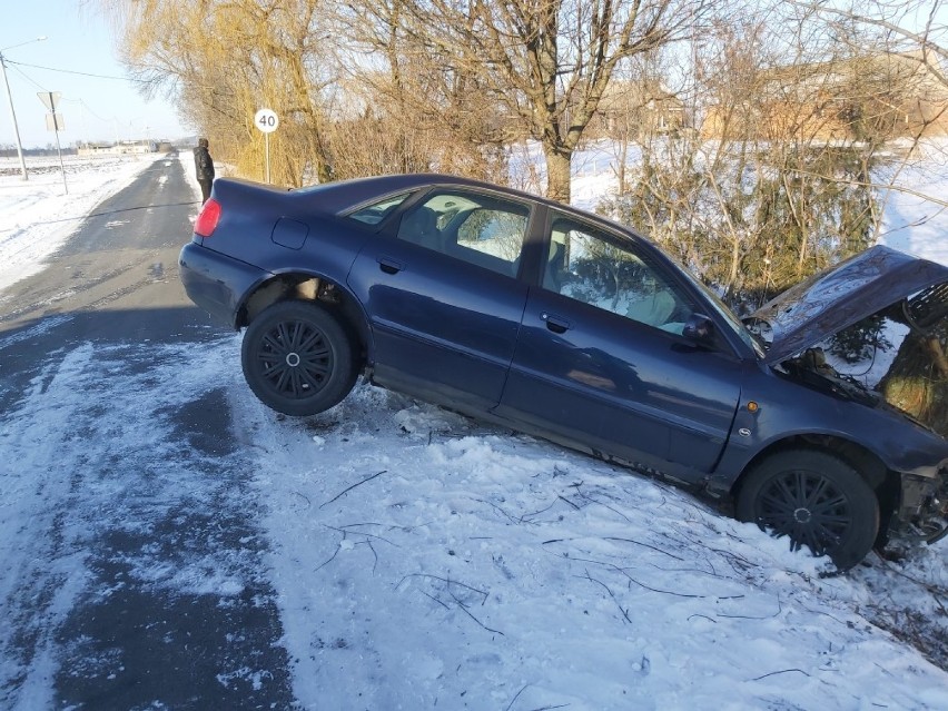Audi uderzyło w drzewo w powiecie radziejowskim. Kierujący 32-latek miał bełkotliwą mowę, chwiał się na nogach