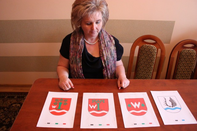 Bożena Wieloch, wójt gminy Lipie pokazuje cztery projekty herbu. Spośród nich rada wybierze jeden