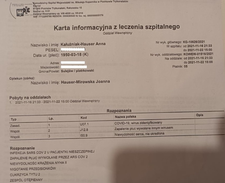 Szpital w Piotrkowie wypisał do domu pacjentkę z covidem....