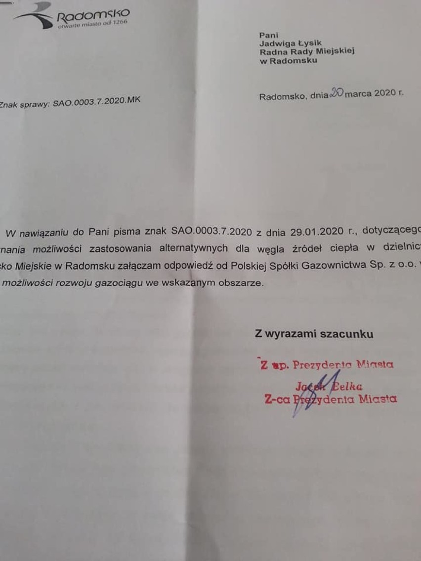 Radomsko. Radna Jadwiga Łysik pyta: Co z gazociągiem dla Stobiecka Miejskiego? Jest odpowiedź