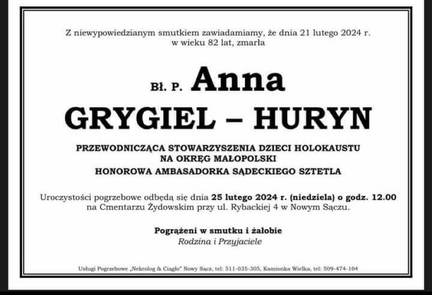 W niedzielę pogrzeb Anny Grygiel-Huryn, ostatniej ocalałej z Holokaustu mieszkanki Nowego Sącza