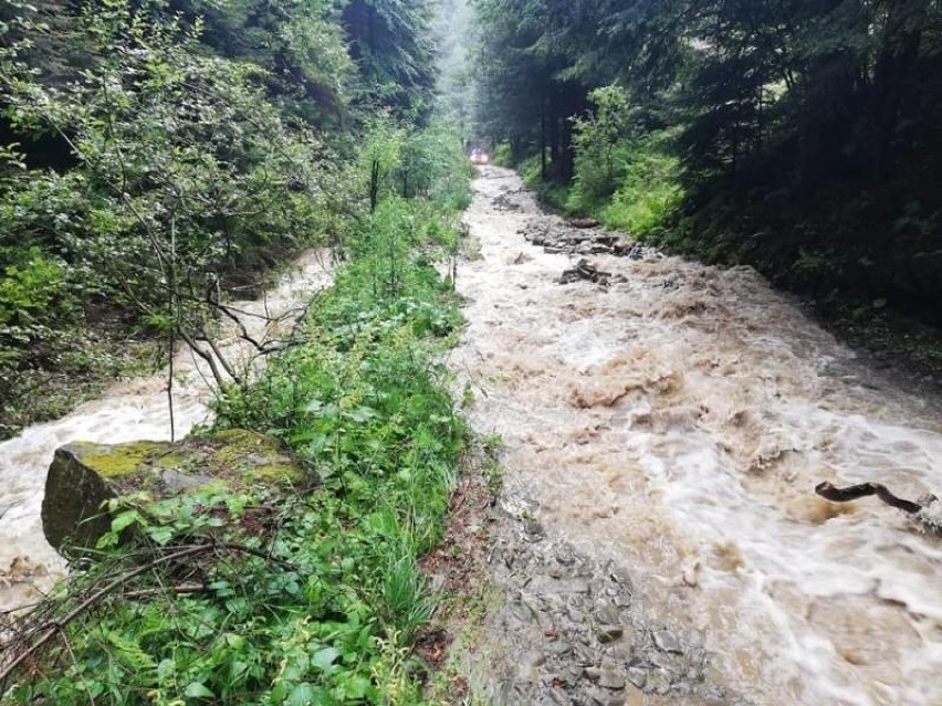 Po gwałtownej ulewie wezbrały górskie wody. Porwały 300 metrów drogi w Kosarzyskach