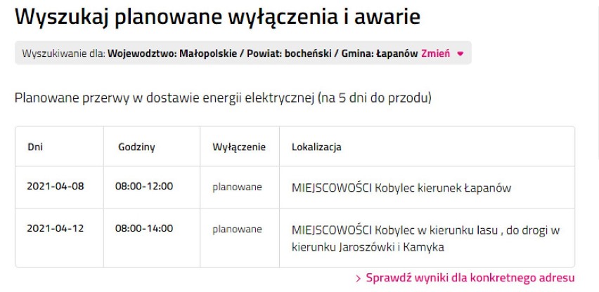 Wyłączenia prądu w powiecie bocheńskim i brzeskim, 6.04.2021