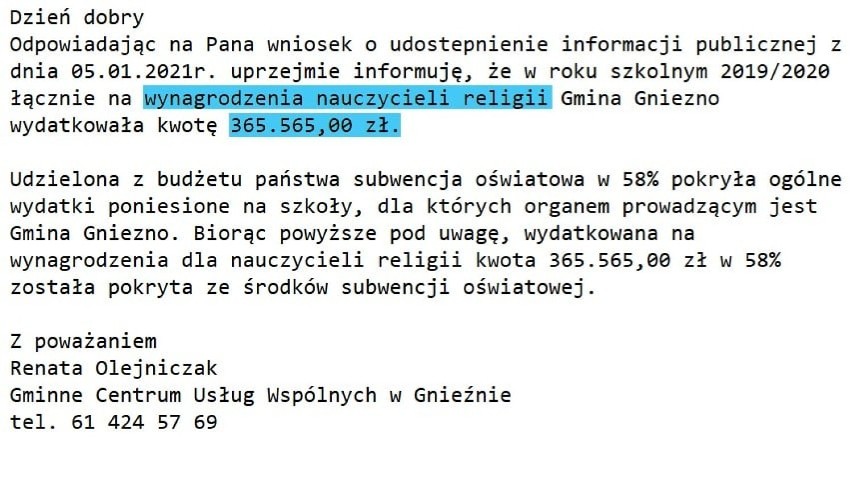 Ile kosztują lekcje religii w gminach powiatu gnieźnieńskiego?