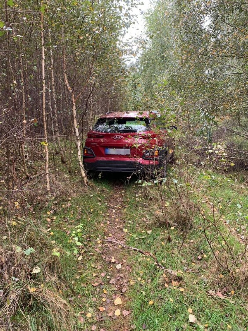Czerwony Hyundai skradziony z Niemiec znaleziony w lesie pod Bogatynią. Samochód jest wart 18 000 euro