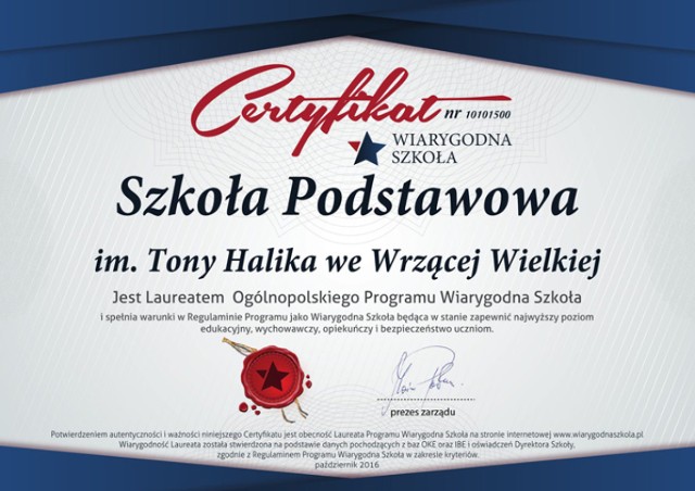 Szkoła Podstawowa we Wrzącej Wielkiej z certyfikatem "Wiarygodna Szkoła"