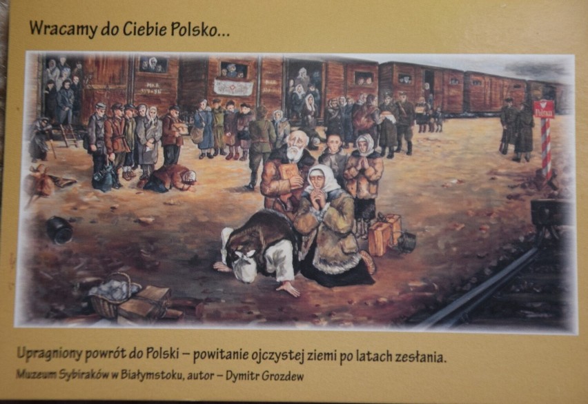 Kartka przedstawiająca powrót zesłańców do kraju. Autor:...