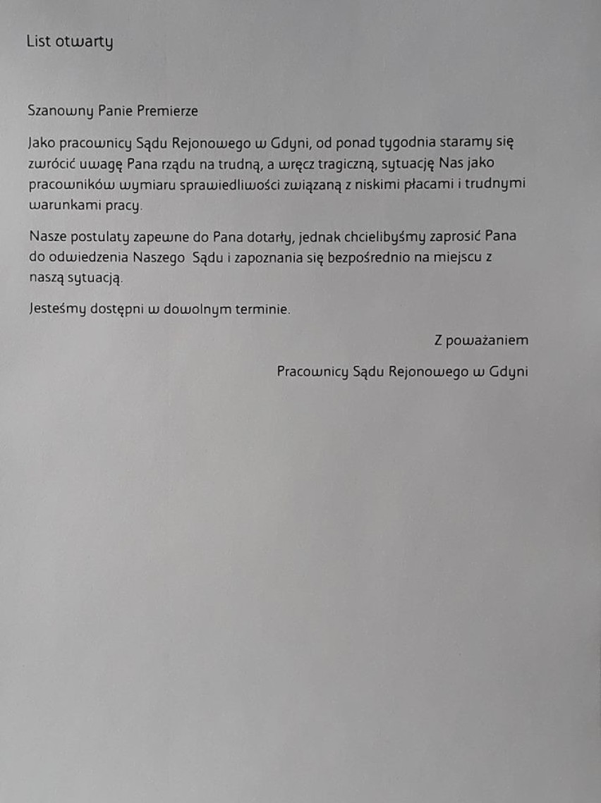 Urzędnicy z Sądu Rejonowego w Gdyni skierowali list do premiera RP