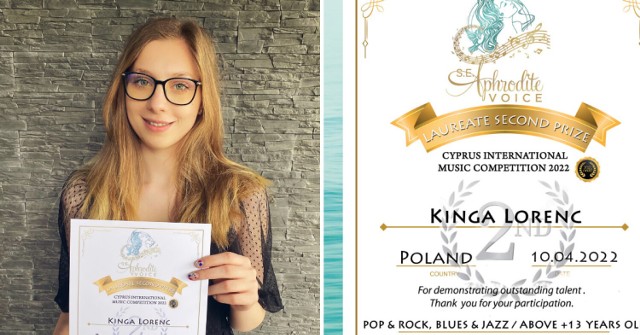 Kinga Lorenc wyśpiewała drugie miejsce międzynarodowym konkursie muzycznym na Cyprze – Cyprus International Music Competition APHRODITE VOICE  2022 w kategorii Pop & Rock/Blues & Jazz.