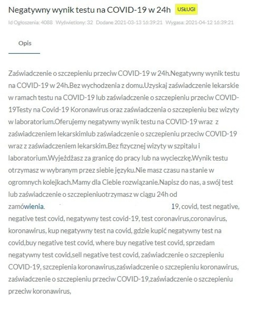 W internecie kwitnie handel fałszywymi wynikami testu na koronawirusa. Za 200 zł można kupić też lewe zaświadczenie o szczepieniu  