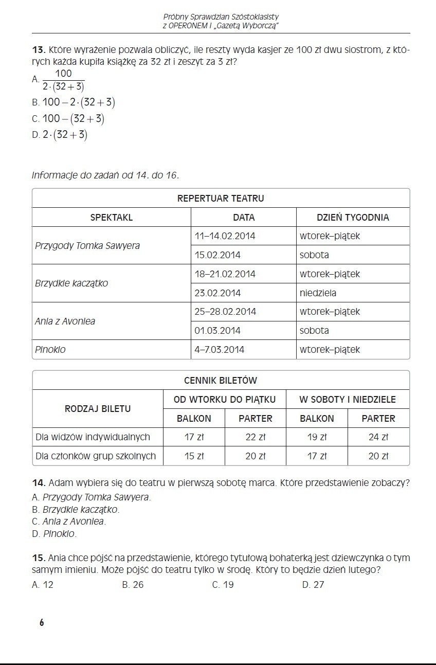 Póbny Sprawdzian Szóstoklasisty 2014 z Operonem [ARKUSZ + KLUCZ ODPOWIEDZI]