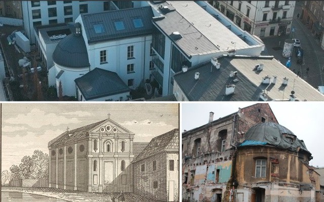 Kościół św. Jadwigi przy ul. Stradomskiej - na górnym zdjęciu dziś, jako część hotelu, poniżej na rycinie z 1855 r. oraz przed zaadaptowaniem na obiekt noclegowy.