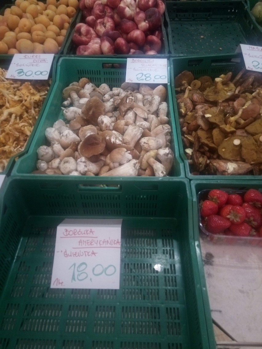 Ceny grzybów na targu na placu Miarki w Katowicach