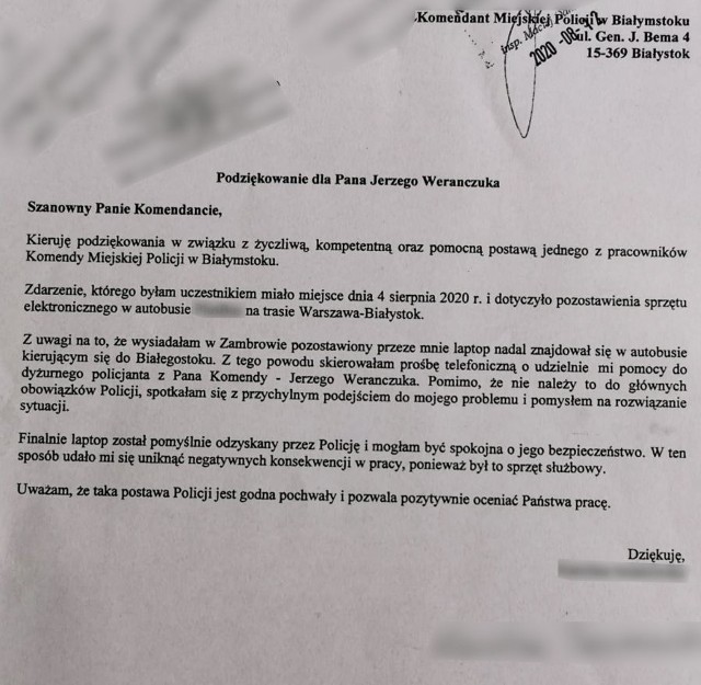 - Pomimo, że nie należy to do głównych obowiązków policji, spotkałam się z przychylnym podejściem do mojego problemu i pomysłem na rozwiązanie sytuacji - w liście do komendanta właścicielka odzyskanego laptopa chwali postawę mundurowego.