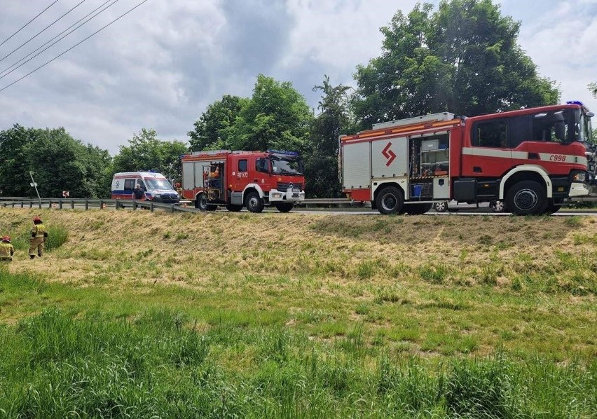 służby ratownicze na drodze wojewódzkiej w gminie Miechów