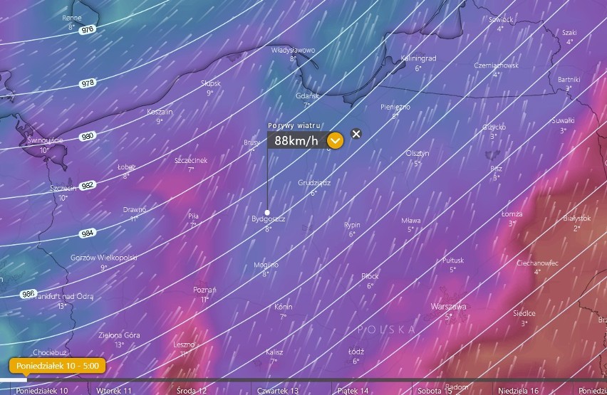 Prognozowana siła porywów wiatru w okolicach Bydgoszczy,...